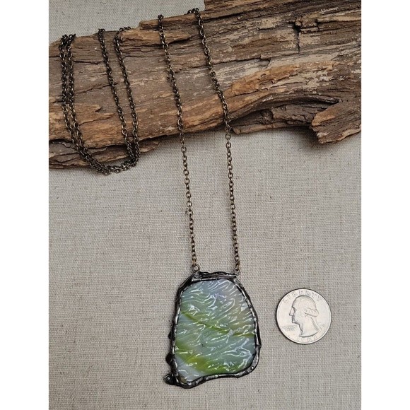 Vintage Doubled sided Stained Glass Artisan Necklace Pendant Greens Blues Amber - Picture 2 of 7